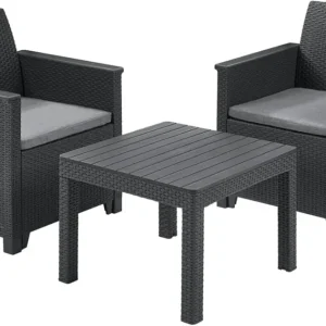 Salottino Da Esterno Emma Balcony Set 3 Pezzi Resina Effetto Rattan Colore Graphite Con 2 Poltrone E Tavolino Keter