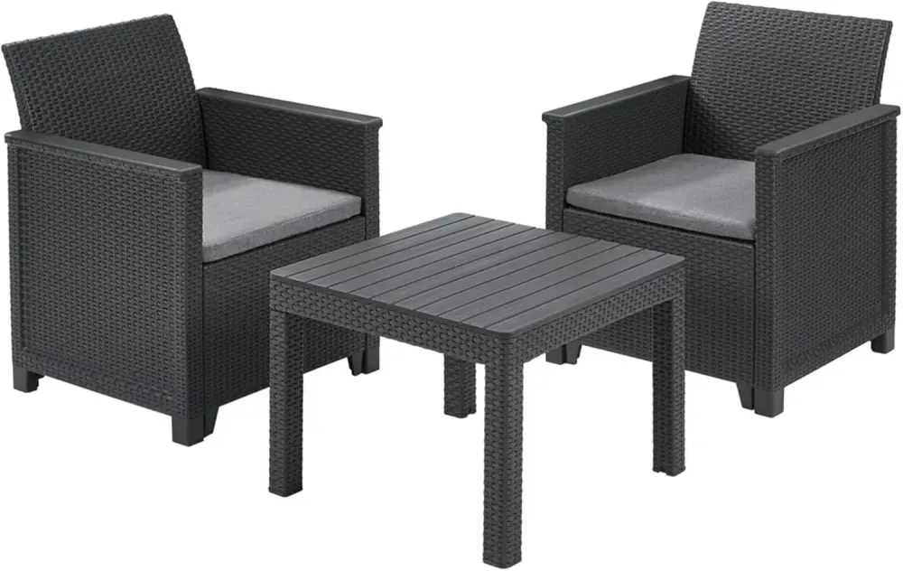 Salottino Da Esterno Emma Balcony Set 3 Pezzi Resina Effetto Rattan Colore Graphite Con 2 Poltrone E Tavolino Keter