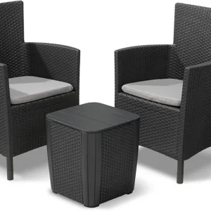 Salottino Da Giardino 3 Pezzi Con 2 Poltrone E Tavolino Contenitore Effetto Rattan Colore Grafite Iowa Balcony Keter