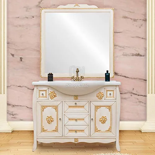 SHOP CHIC Mobile Bagno 105 cm Barocco Tinta Avorio decapè Completo di specchiera