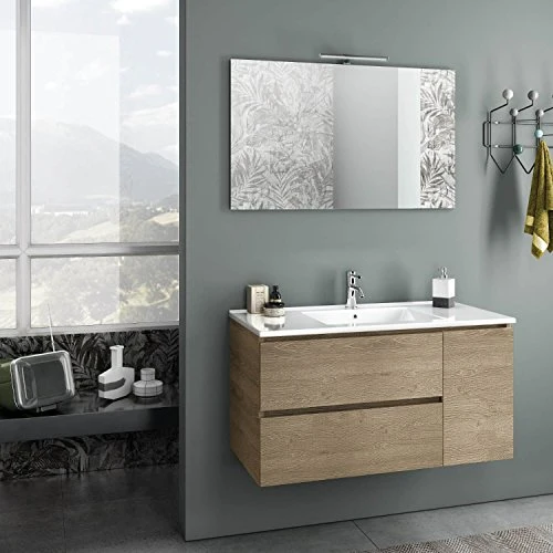 tft Mobile da Bagno Sospeso con Lavabo Specchio e Lampada LED FEBE Rovere Miele