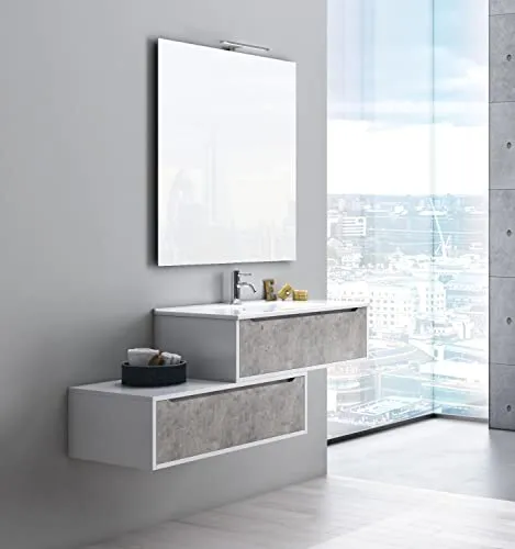 tft Mobile Bagno Sospeso 90 cm Lavabo Specchio e Lampada LED Belsk 2 Bianco e Cemento
