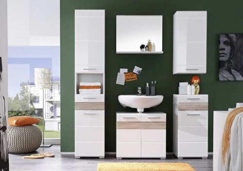 trendteam smart living Mezzo, 1280-802-12 Comò con facciata bianca lucida con inserto legno scuro di quercia, struttura sc...