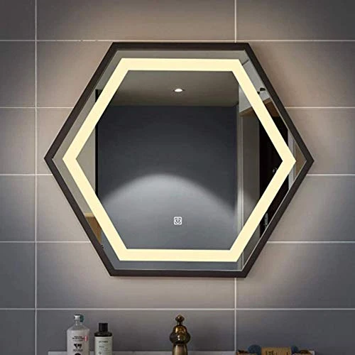 TRGCJGH Specchio LED Specchio da Bagno Illuminato Cornice Esagonale Nera 70x80 Cm Montaggio Parete Orizzontale/Verticale L...