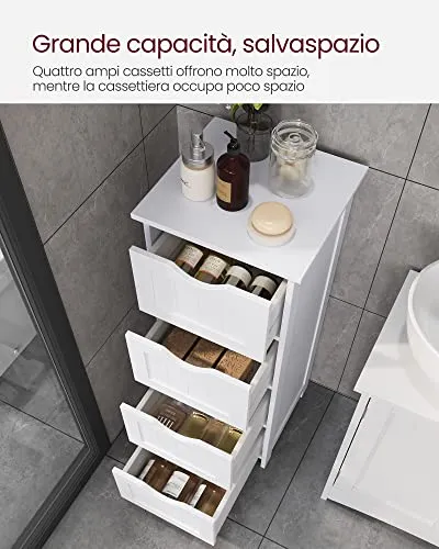 VASAGLE Mobile da Bagno, Cassettiera, Armadio Autoportante, con 4 Cassetti, 30 x 30 x 82 cm, per Bagno, Soggiorno, Sala da...