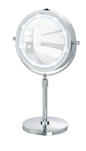 WENKO LED Specchio da appoggio Lumi - ingranditore 5x, superficie specchiante ø 17.5 cm 500 % ingrandimento, Acciaio, 21 x...