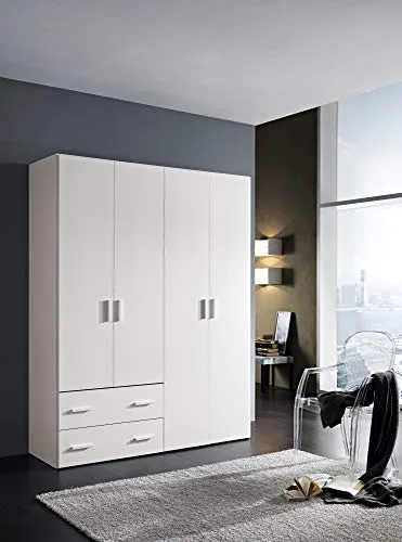 Armadio Semplice H. 211 cm da 2 4 ante con cassetti - Made Italy, 4 Ante + 2 cassetti (L.163,4 cm), Bianco frassinato Zucc...