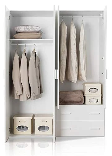 Armadio Semplice H. 211 cm da 2 4 ante con cassetti - Made Italy, 4 Ante + 2 cassetti (L.163,4 cm), Bianco frassinato Zucc...