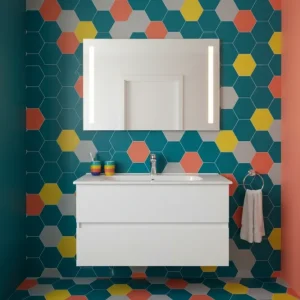 Mobile sospeso con lavabo ceramica da 84x46 con con doppio cassetto chiusura rallentata finitura Bianco Laccato Lucido Ide...