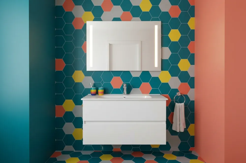 Mobile sospeso con lavabo ceramica da 84x46 con con doppio cassetto chiusura rallentata finitura Bianco Laccato Lucido Ide...