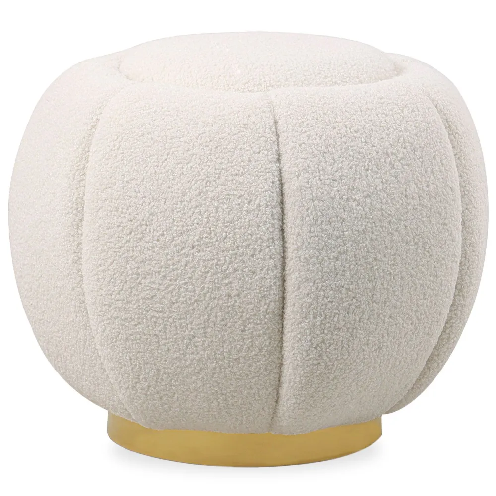 Pouf rotondo Varga con base oro e tessuto bouclette crema