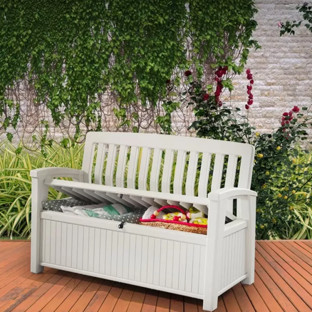 Panca Portaoggetti Panchina da giardino contenitore "Patio" da esterno effetto legno cm 132,7x61,2 89h