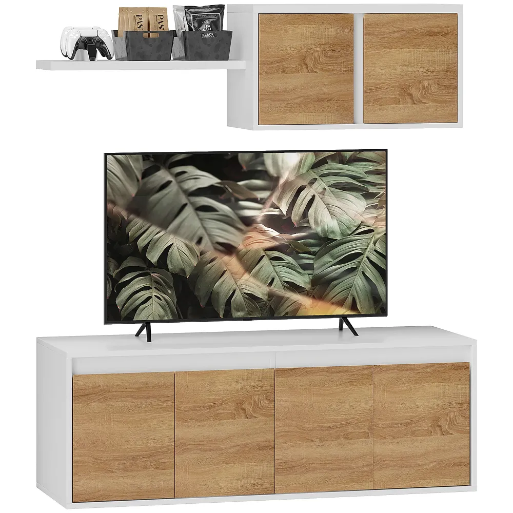 EasyComfort Set Mobile TV e Armadietto Muro con 7 Ripiani e Scaffale Aperto, Legno, 120x41x43.3 cm, Bianco e color Legno