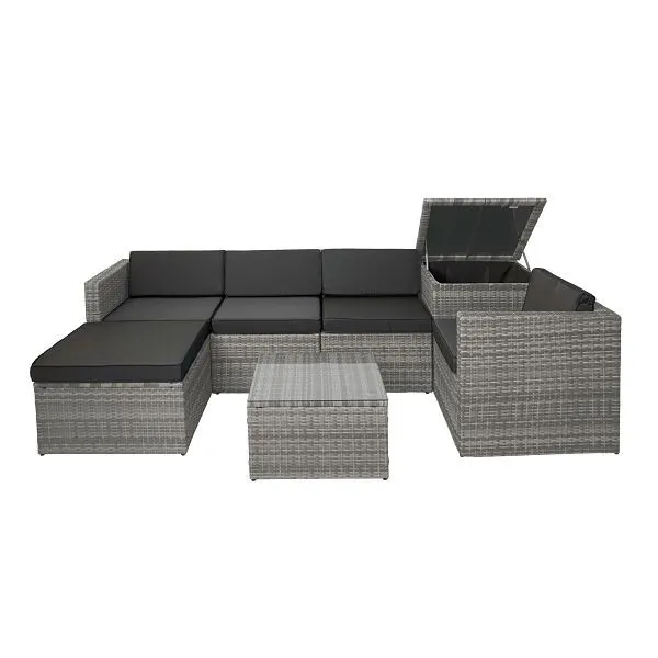 Mendler HWC-D21 set polyrattan set per balcone/giardino/salotto dinette con divano vano portaoggetti grigio cuscini grigio...