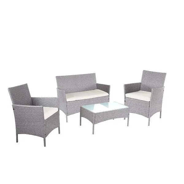Mendler set da giardino polyrattan 2-1-1 Halden set lounge divano grigio cuscini crema 64303+64279+64309