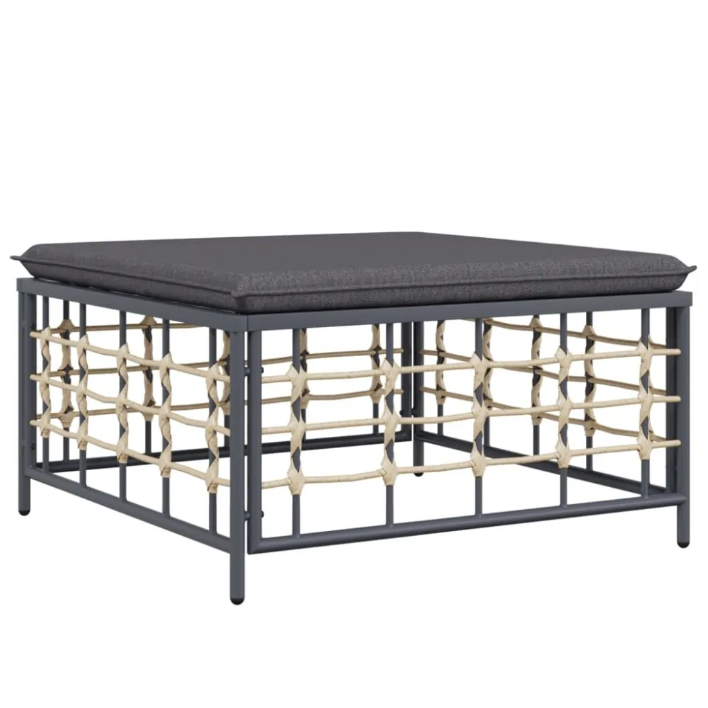 Poggiapiedi da Giardino con Cuscino Polyrattan Grigio Fosco