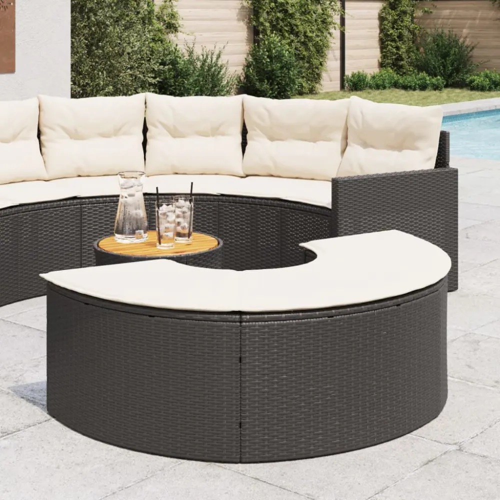 Poggiapiedi da Giardino con Cuscino Polyrattan Nero