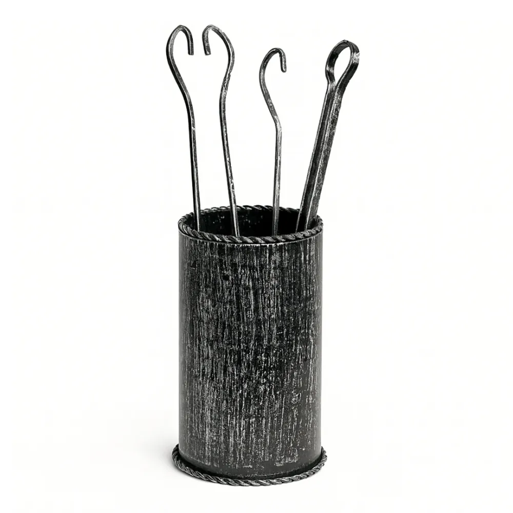 Piantana Camino Kit Cilindro Ferro Battuto Verniciato 4 Attrezzi