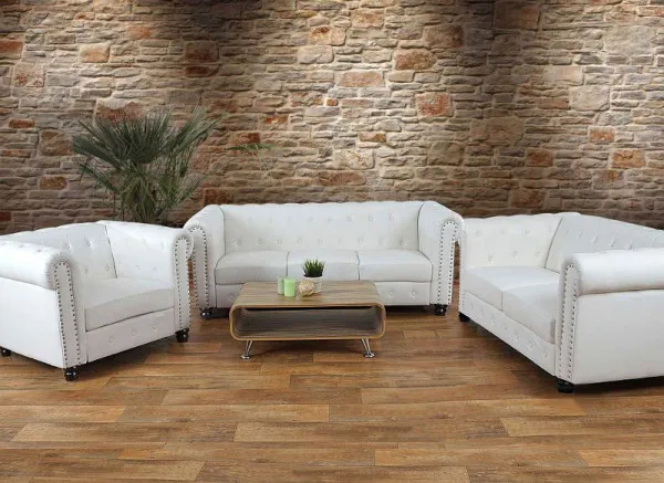 Divano lounge importante 2 posti Mendler Divano Chesterfield ecopelle piedi rotondi bianco 31998+31999+32000