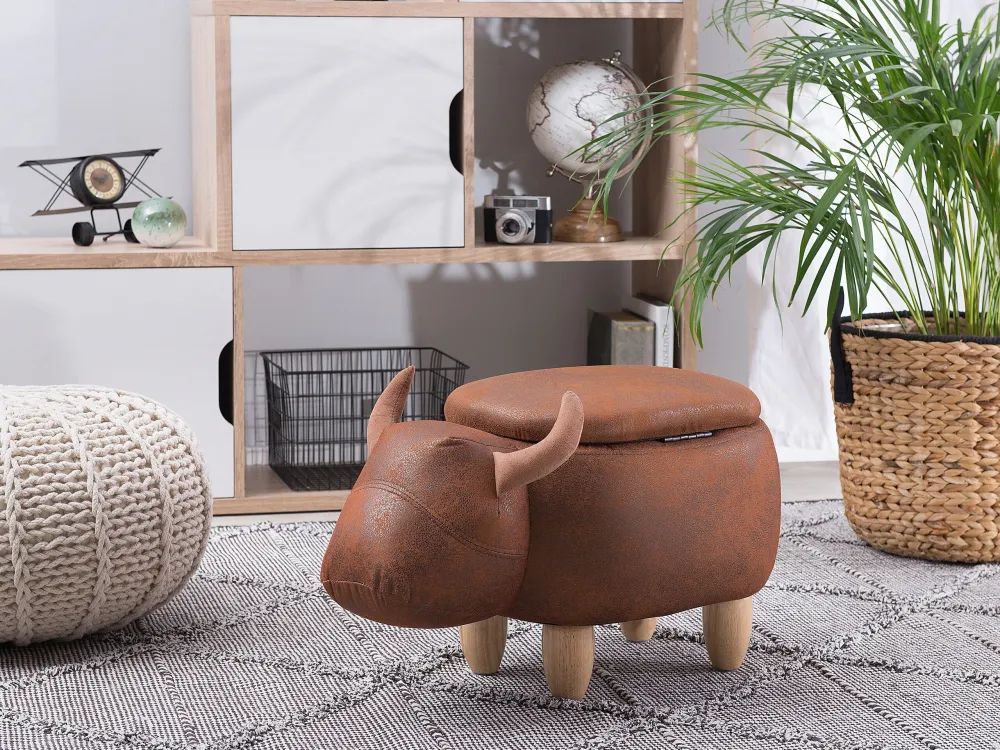 Pouf animaletto tessuto similpelle marrone motivo mucca COW