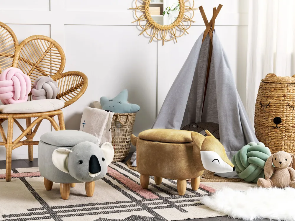 Pouf animaletto velluto arancione e legno chiaro FOX