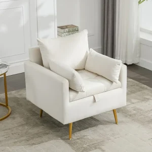 Sedia, poltrona e pouf moderni e minimalisti velluto con contenitore, cuscini decorativi e gambe metallo color oro