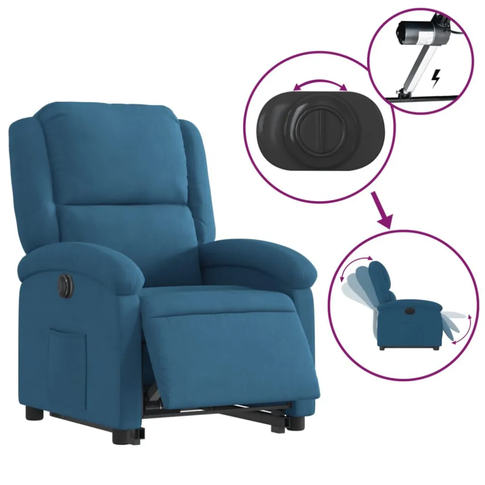 Poltrona Alzapersona Reclinabile Elettrica Blu Velluto