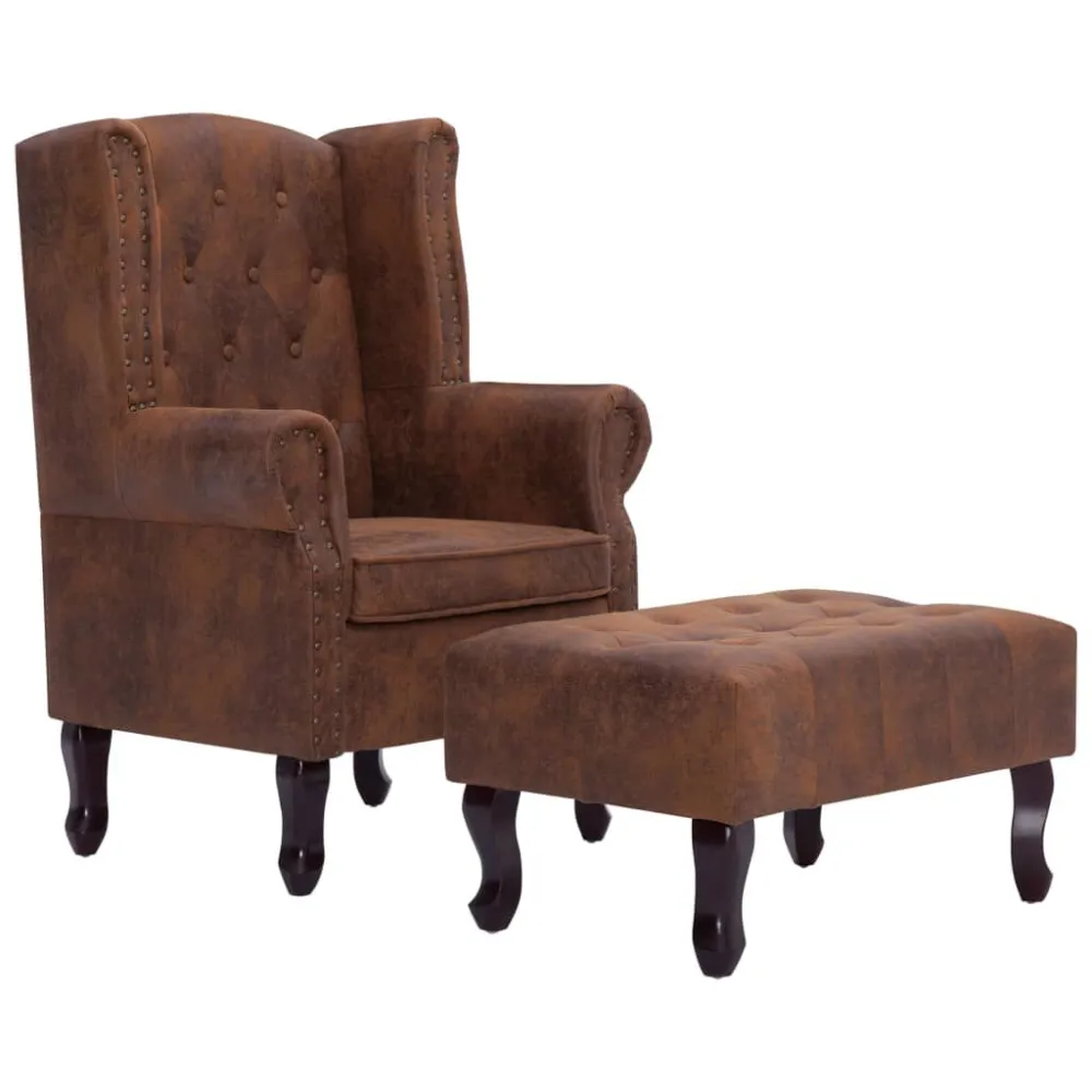 Poltrona Chesterfield Poggiapiedi Marrone Ecopelle Scamosciata