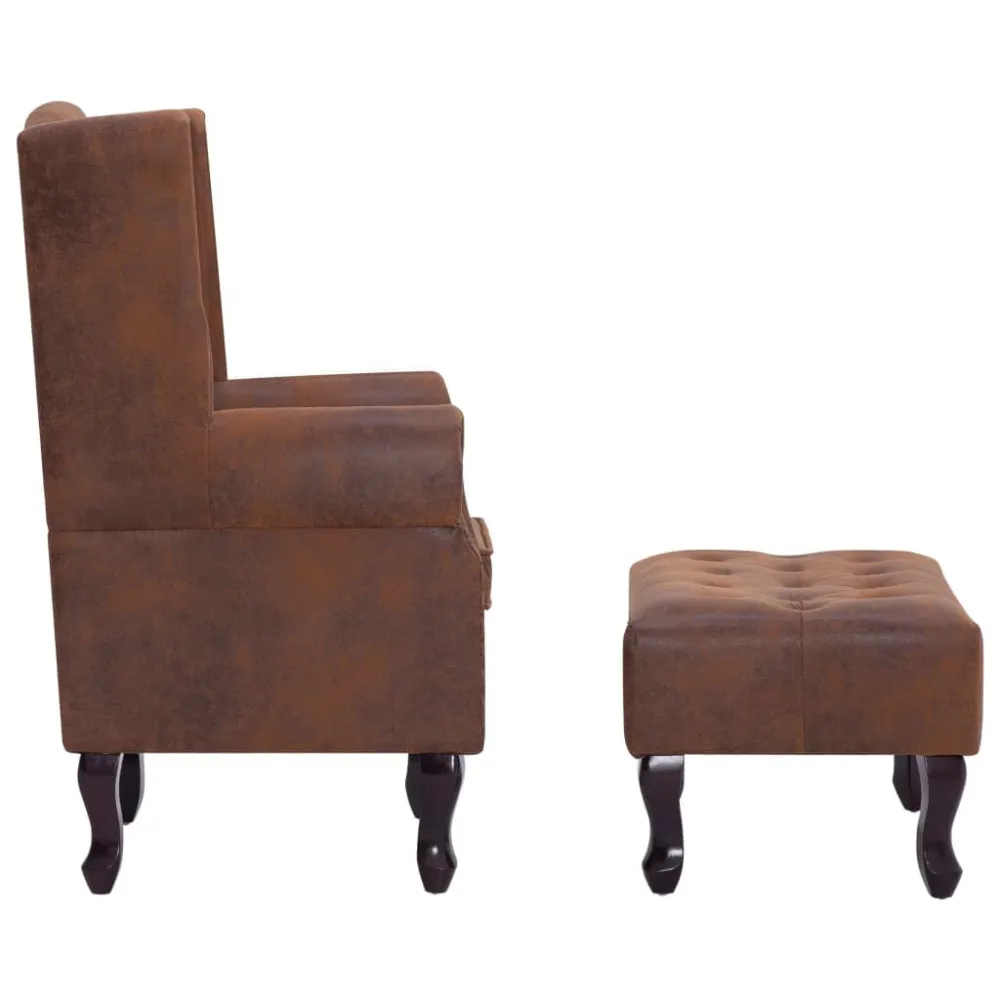 Poltrona Chesterfield Poggiapiedi Marrone Ecopelle Scamosciata