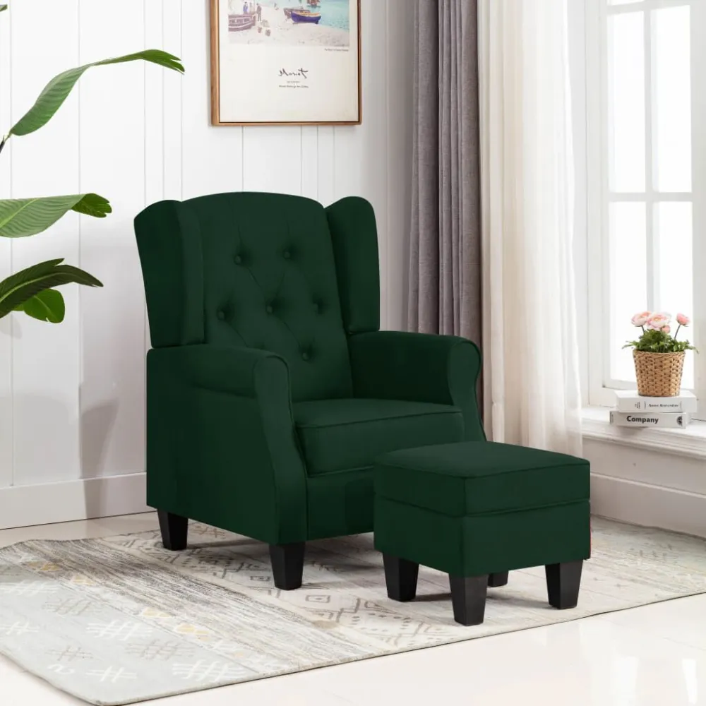 Poltrona con Poggiapiedi Verde Scuro Tessuto