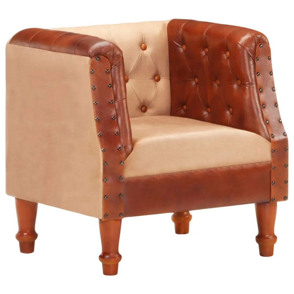 Poltrona Pozzetto Marrone Vera Pelle e Legno Massello Mango