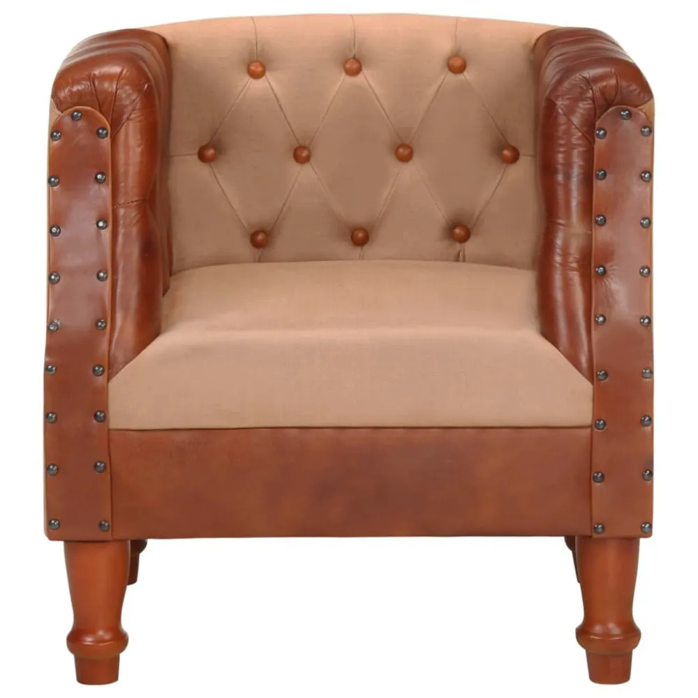 Poltrona Pozzetto Marrone Vera Pelle e Legno Massello Mango