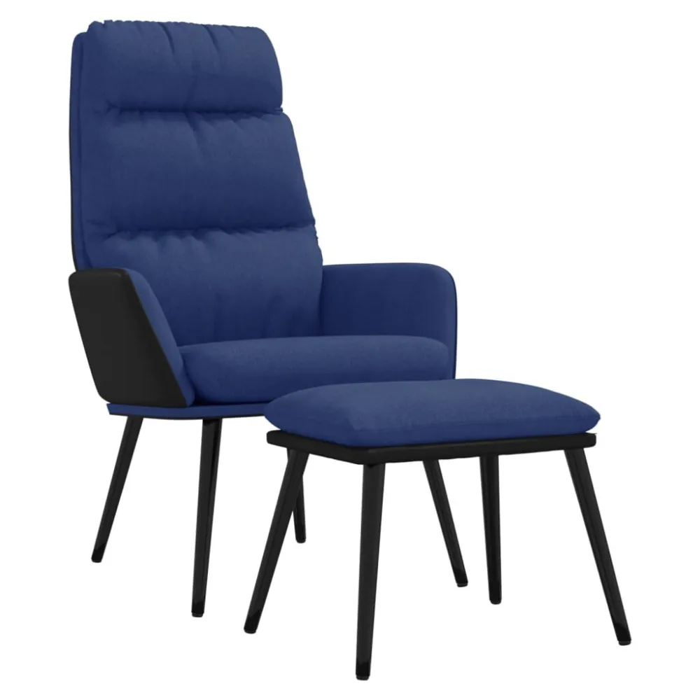Poltrona Relax con Sgabello Blu Tessuto e Similpelle