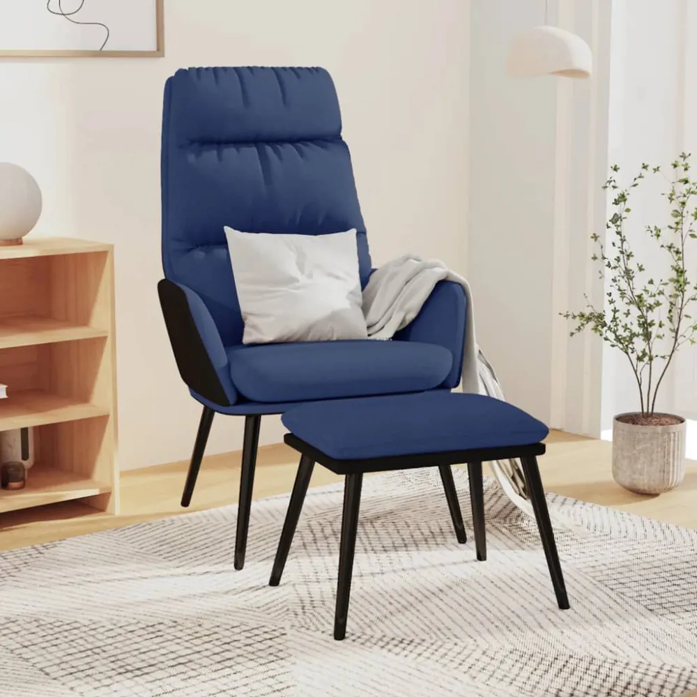 Poltrona Relax con Sgabello Blu Tessuto e Similpelle