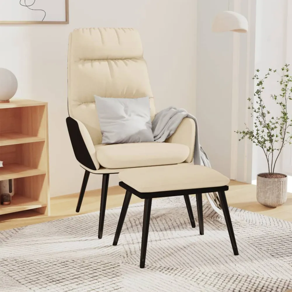 Poltrona Relax con Sgabello Crema Tessuto e Similpelle