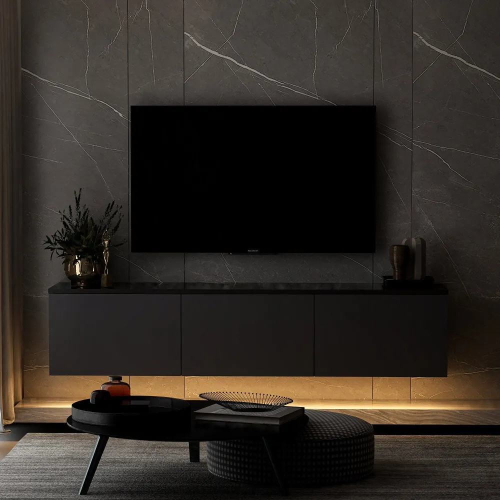 Mobile TV parete Ruxta L160cm Effetto marmo antracite e nero