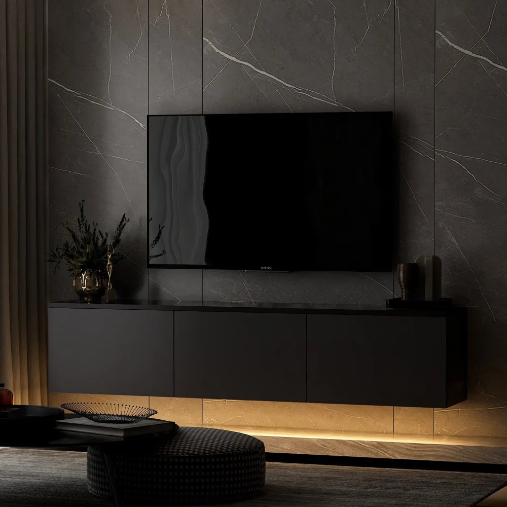 Mobile TV parete Ruxta L160cm Effetto marmo antracite e nero