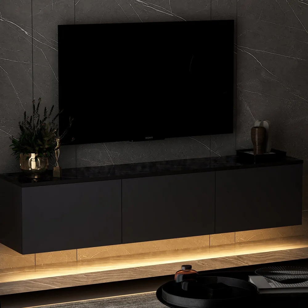 Mobile TV parete Ruxta L160cm Effetto marmo antracite e nero