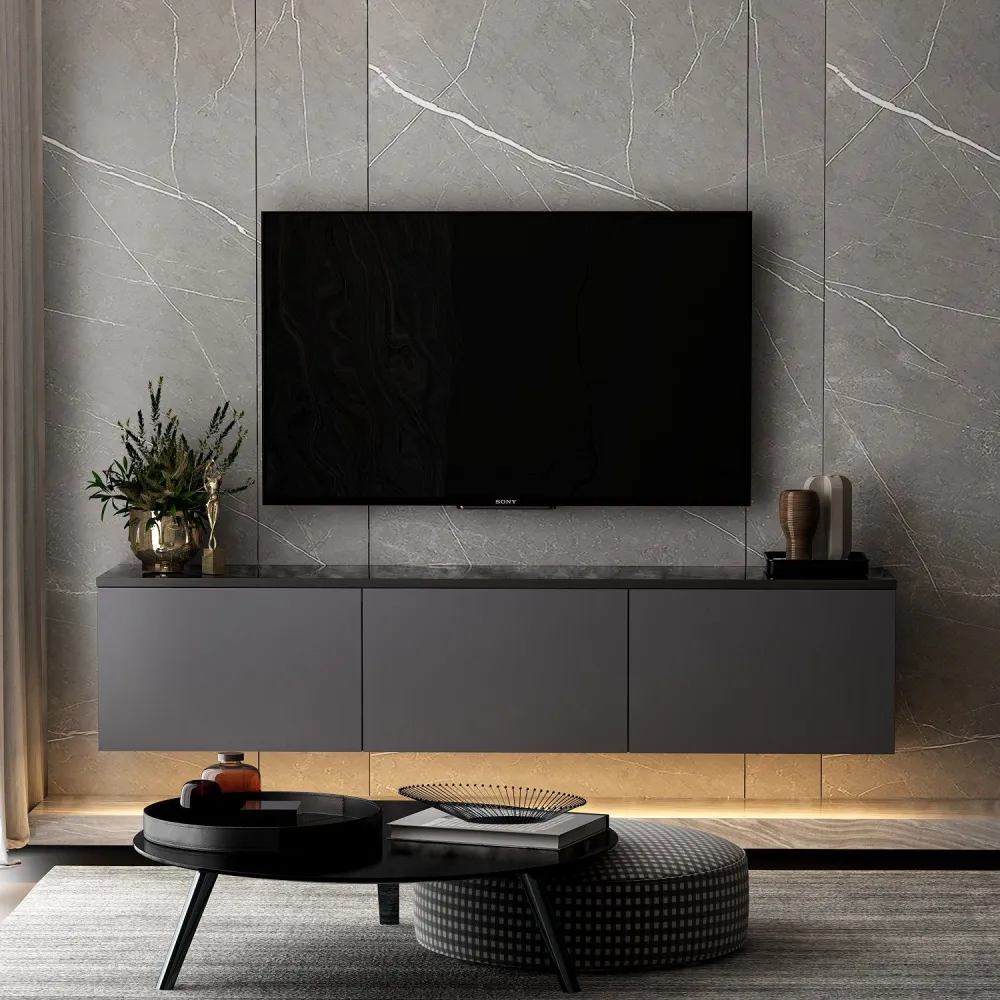 Mobile TV parete Ruxta L160cm Effetto marmo antracite e nero