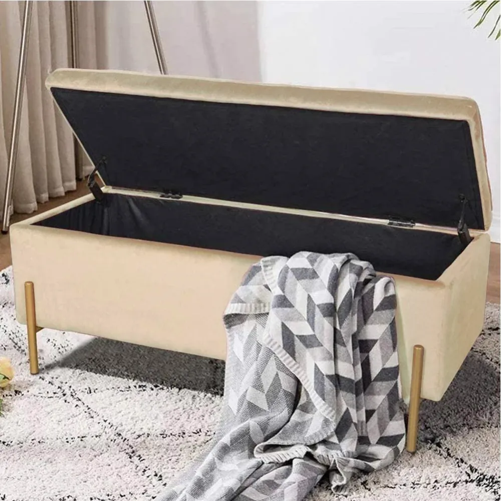 Cassapanca Pouf Contenitore Panca Sgabello Poggiapiedi Tessuto Velluto Beige