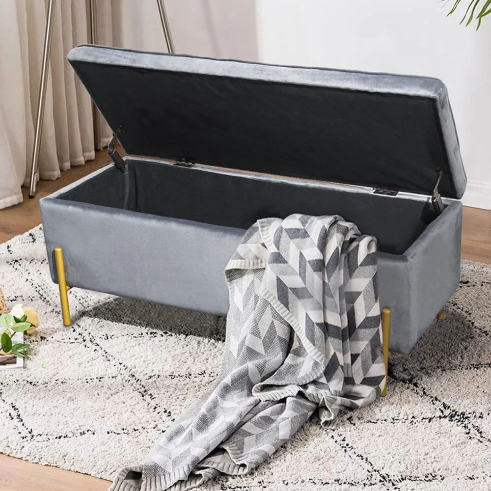 Cassapanca Pouf Contenitore Panca Sgabello Poggiapiedi Tessuto Velluto Grigio