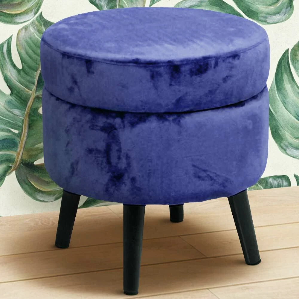 Pouf Contenitore Sgabello Cassapanca Poggiapiedi Tessuto Velluto Blu 37x40