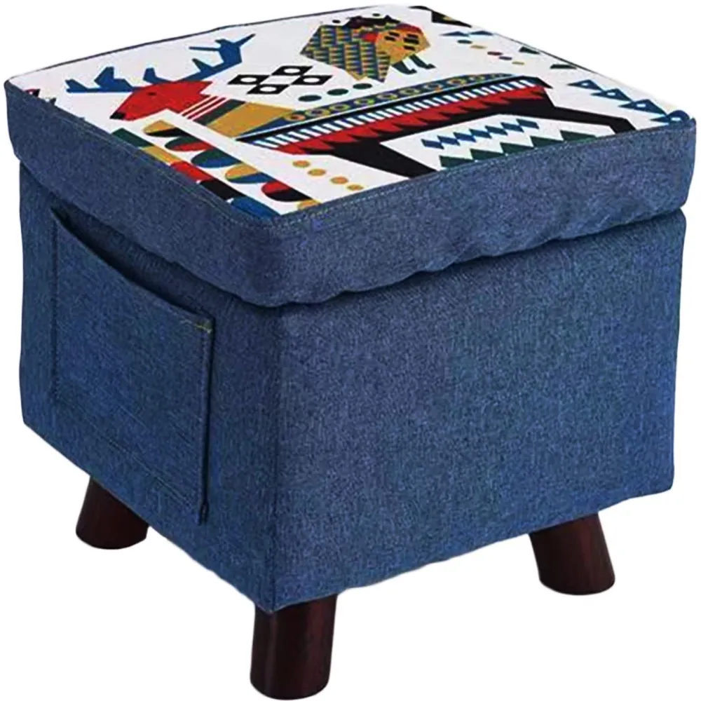Pouf Contenitore Tessuto Multiuso Poggiapiedi Sgabello e Baule Colore Blu