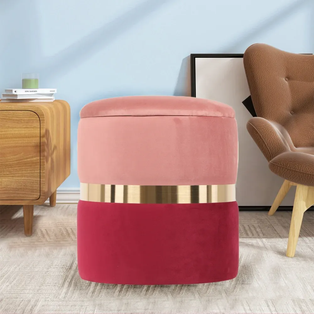 Pouf Contenitore Velluto 42x37 cm Poggiapiedi Capiente Colore Borgogna e Rosa
