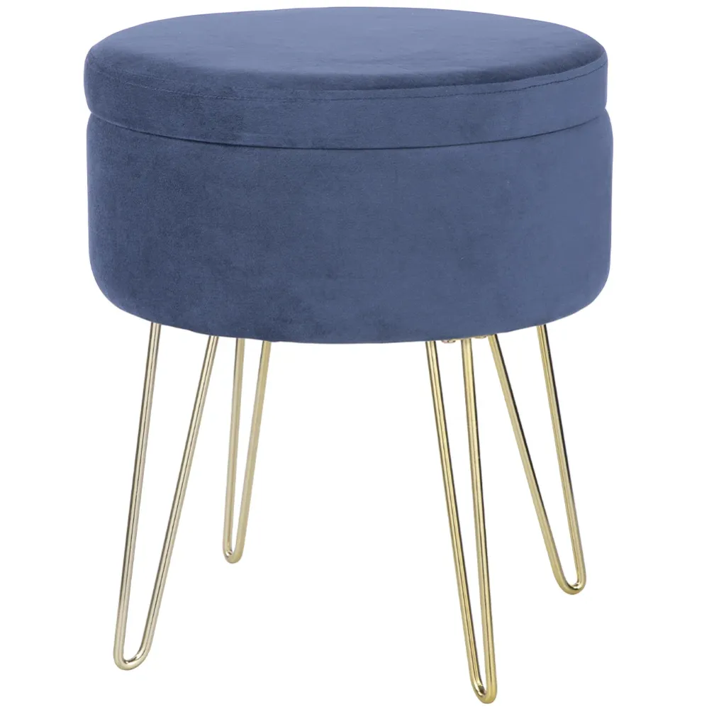 Pouf Contenitore Velluto Poggiapiedi con 4 Gambe Oro 37,5 x 45 cm Blu