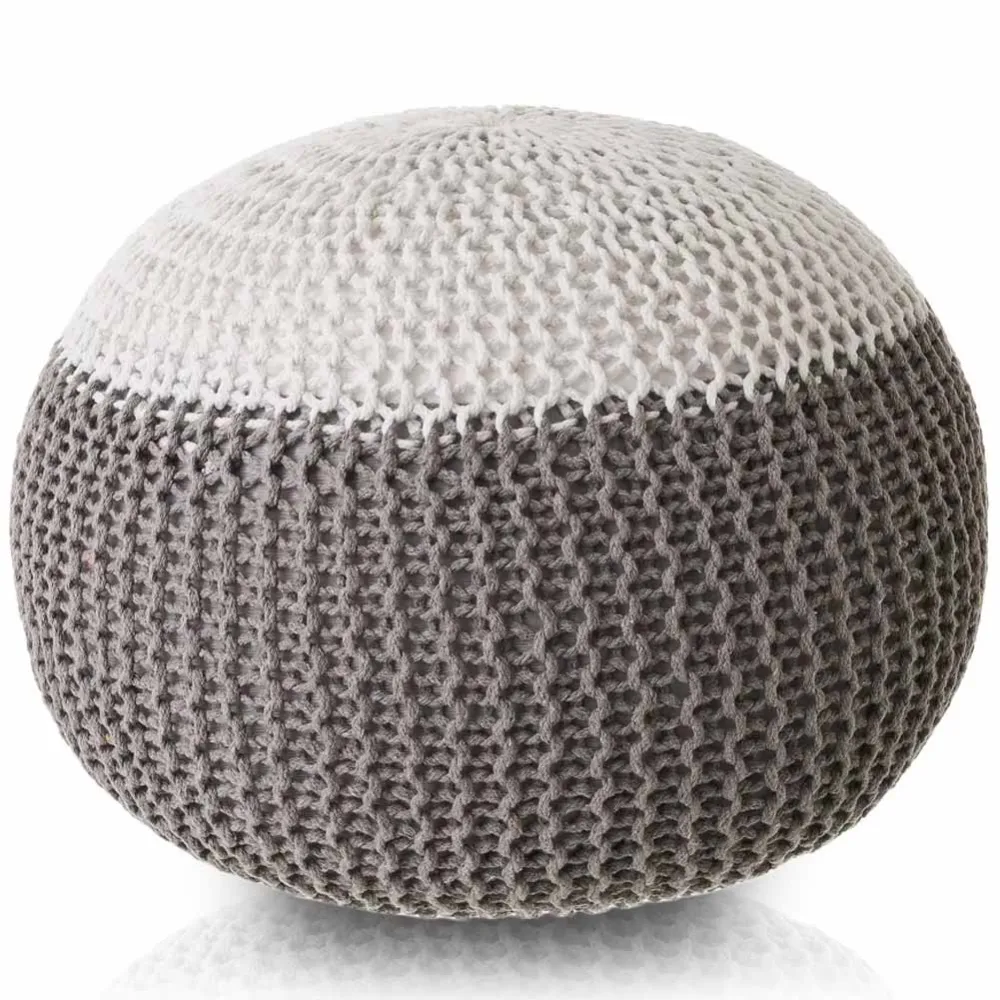 Pouf Poggiapiedi Tessuto maglia Tondo Bianco e Grigio Fodera Rimovibile 45 cm