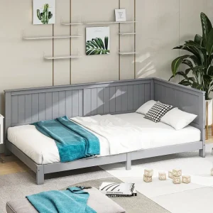 Letto singolo 90x200 cm, chaise longue per bambini legno, divano letto con rete doghe, grigio