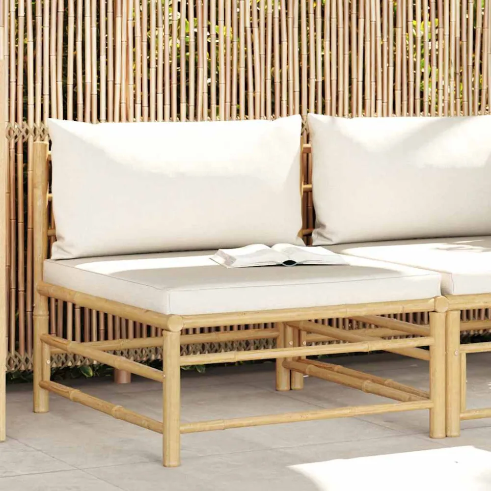 Divano Centrale da Giardino con Cuscini Bianco Crema Bambù