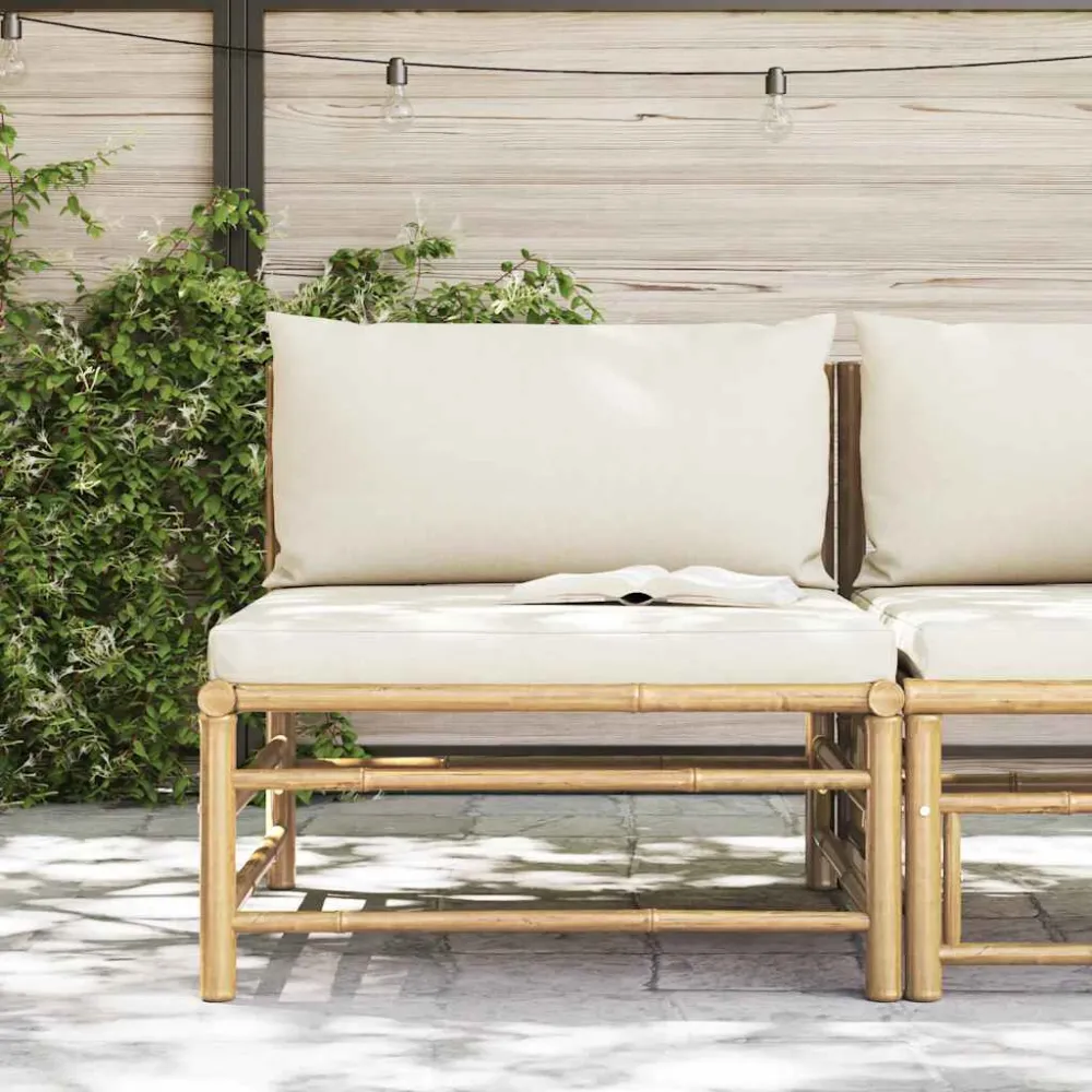 Divano Centrale da Giardino con Cuscini Bianco Crema Bambù