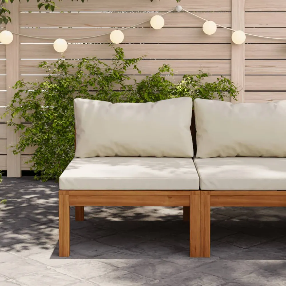Divano Centrale Modulare Cuscini Bianco Crema Legno d'Acacia